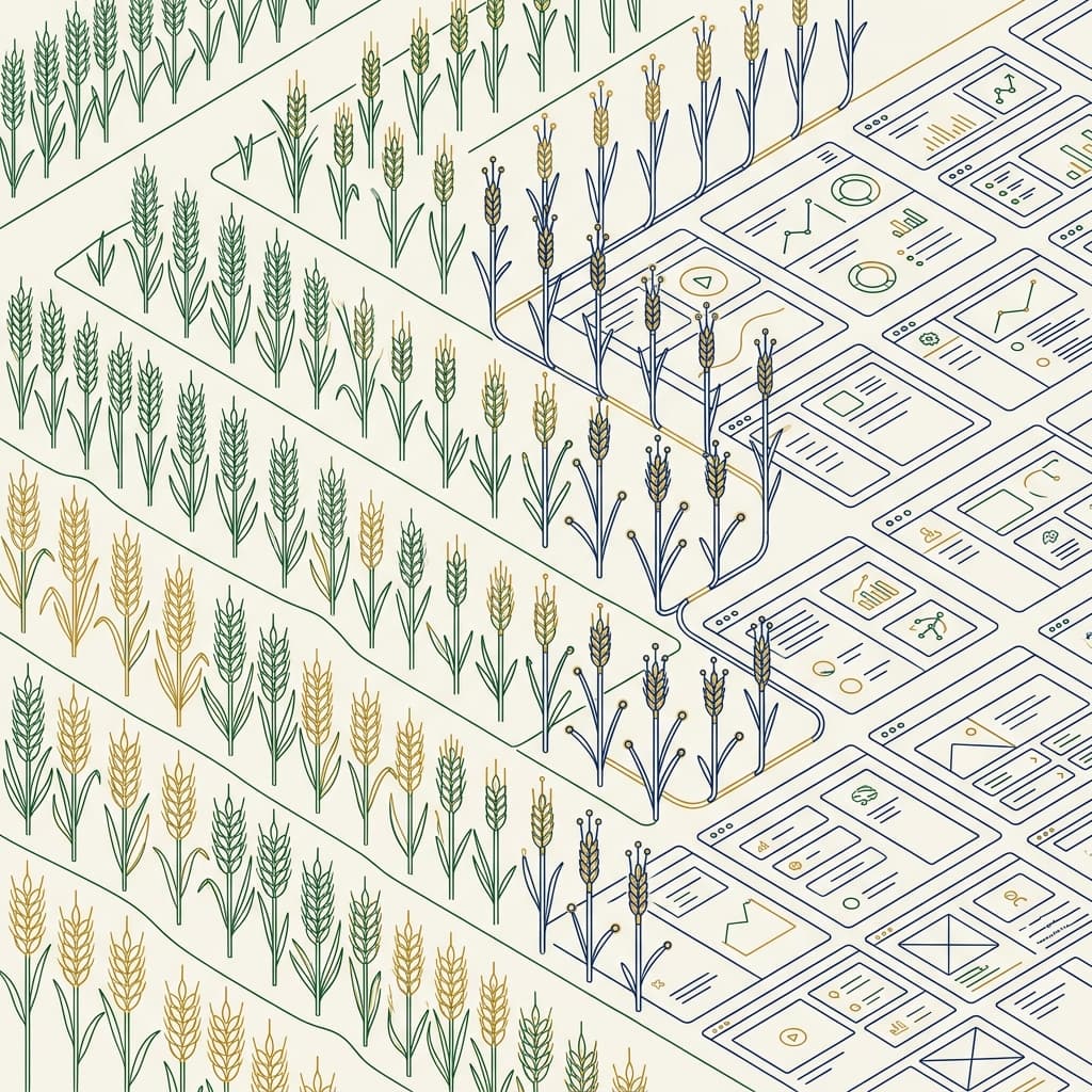 Organized crop field rows transitioning into fiber-optic stalks and UI wireframes — the Khetala Tech visual metaphor
